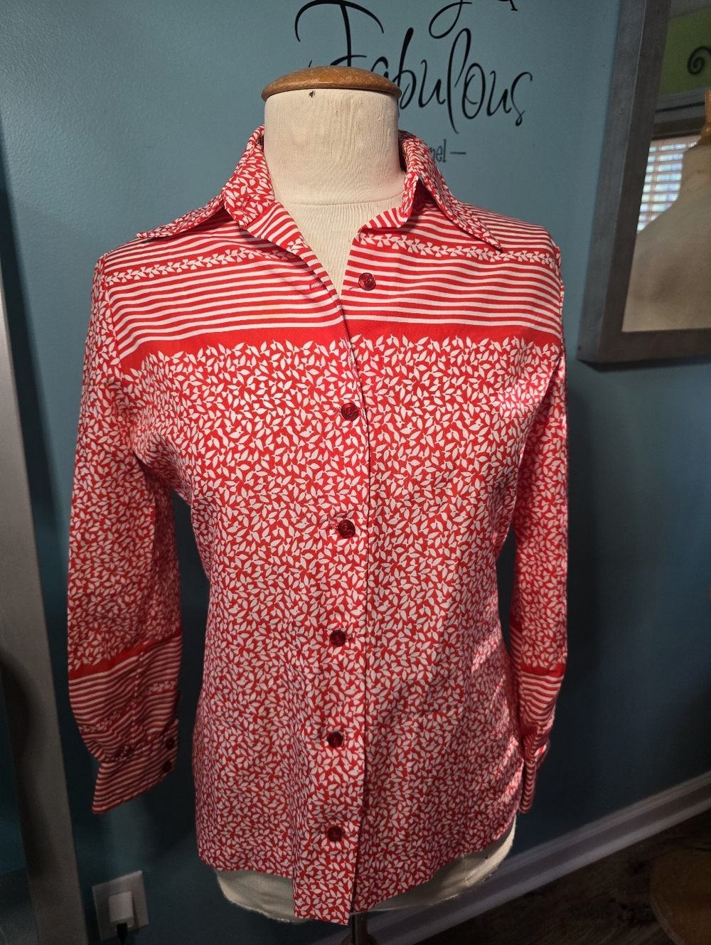 1970's Red Mixed Print Button Front Blouse